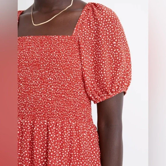 MADEWELL Silk Lucie Puff-Sleeve Smocked Mini Dress in Park Picnic, XXL $158 - Picture 2 of 12